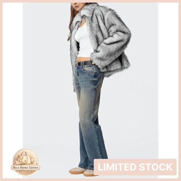 Faux Fur Jacket Lapel Fluffy Open Front Shaggy Winter Coat Elegant Chic - Picture 5 of 8